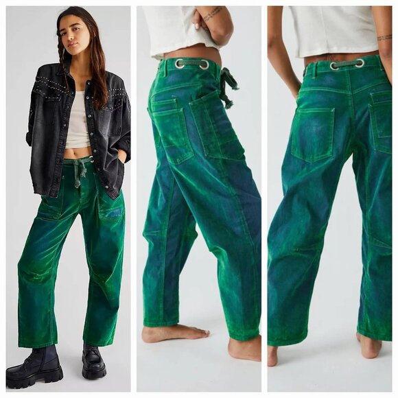 Free People We the Free Moxie Low Slung Flocked Barrel Jeans Kelly Green Size 28 - Picture 3 of 9